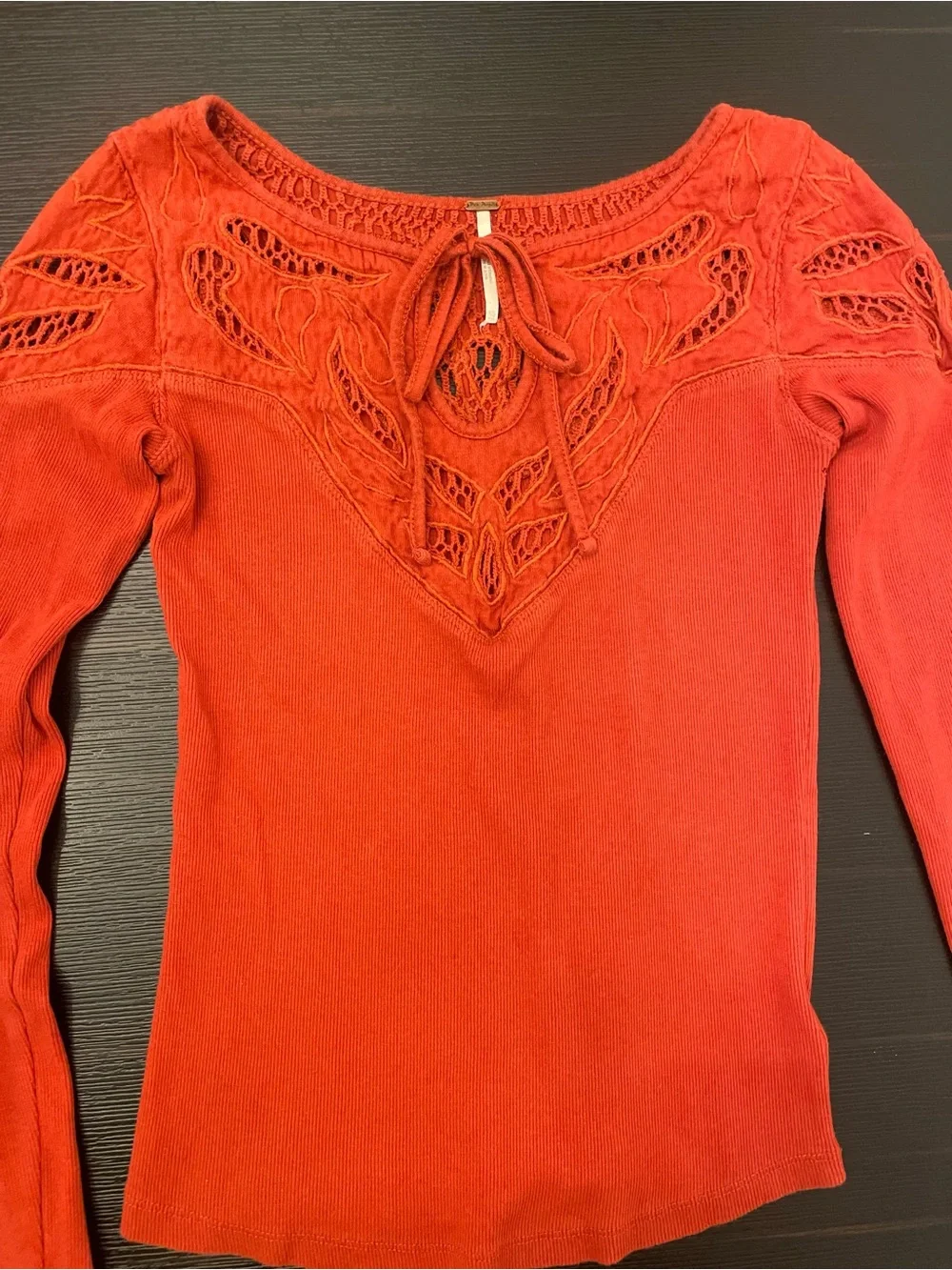 Free People Burnt Orange Long Sleeve Lace-Detail Ribbed Cotton Knit Keyhole Top
